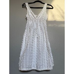 “Max Studio White Textured Dot Appliqué Cotton-Spandex V-Neck Mini Dress, SZ M